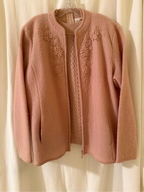 Alfred Dunner Pink Floral Embroidered Wool Jacket Sweater Set